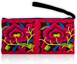 Sabai Jai Small Embroidered Floral Clutch Wristlet Wallet for Women - Colorful Organic Cotton, Unique Boho Chic Accessory Bag