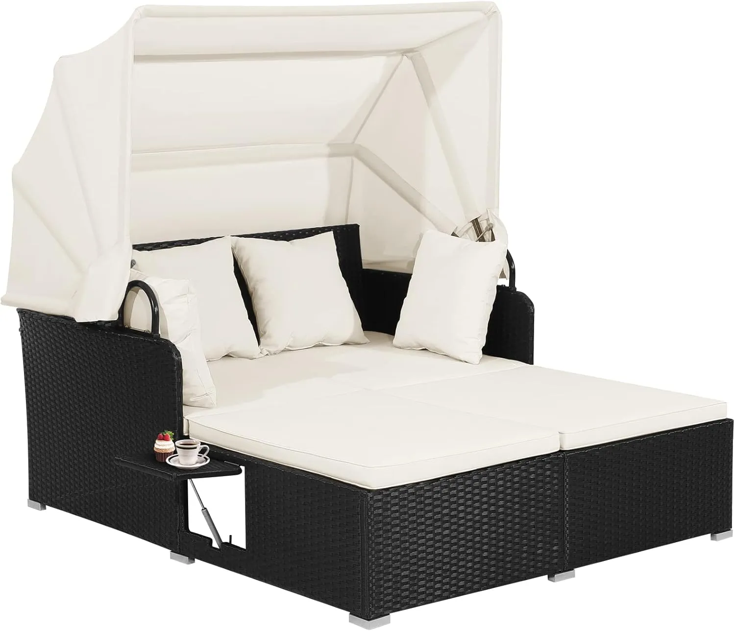 Salches Outdoor Daybed, Patio Daybed with Retractable Canopy, High-Resilient Soft Cushions, Foldable Side Trays, Outdoor Bed Loveseat for Garden, Backyard, Porch (Off White)