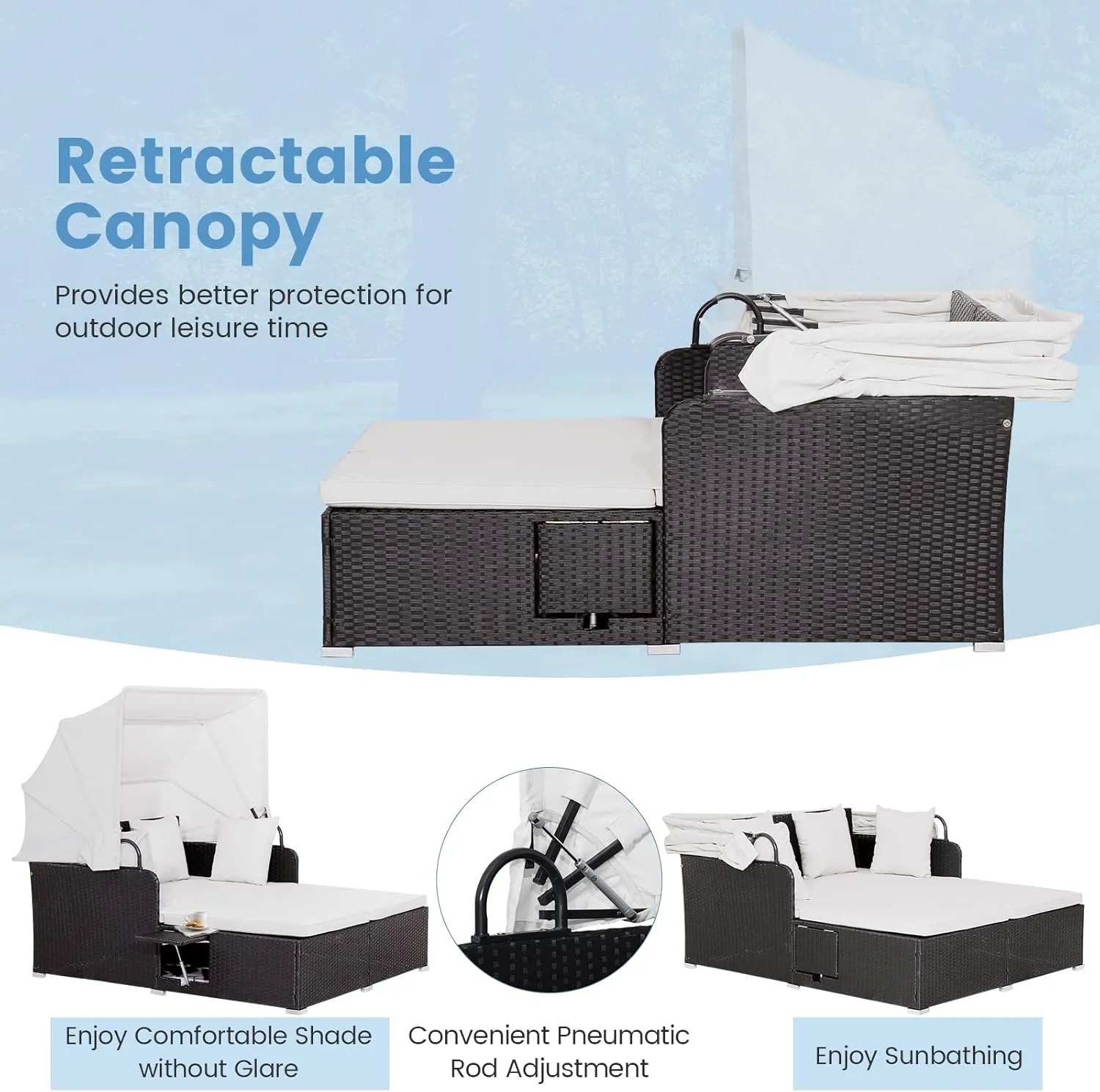 Salches Outdoor Daybed, Patio Daybed with Retractable Canopy, High-Resilient Soft Cushions, Foldable Side Trays, Outdoor Bed Loveseat for Garden, Backyard, Porch (Off White)