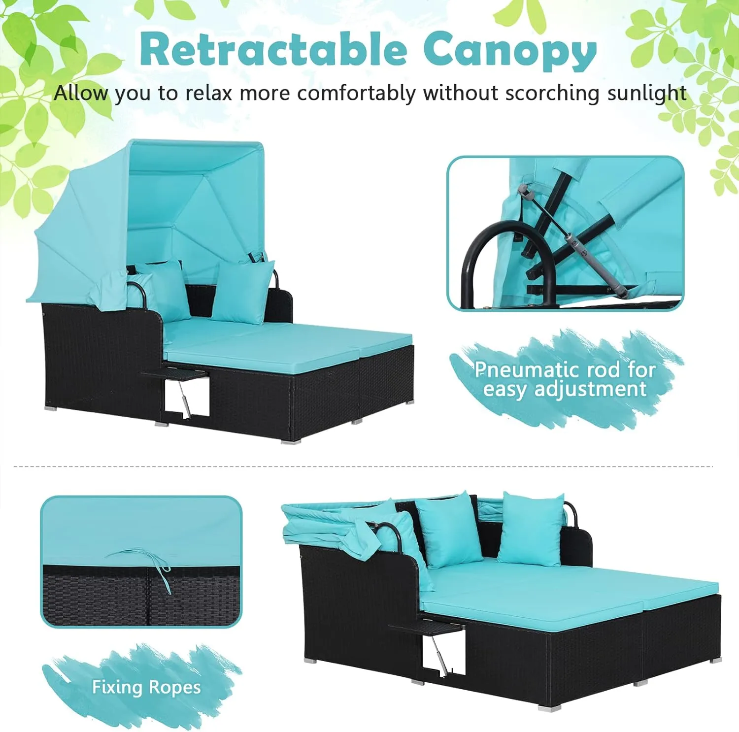 Salches Outdoor Daybed, Patio Daybed with Retractable Canopy, High-Resilient Soft Cushions, Foldable Side Trays, Outdoor Bed Loveseat for Garden, Backyard, Porch (Turquoise)