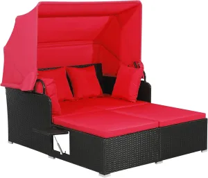 Salches Outdoor Daybed, Patio Daybed with Retractable Canopy, High-Resilient Soft Cushions, Foldable Side Trays, Outdoor Bed Loveseat for Garden, Backyard, Porch(Red)