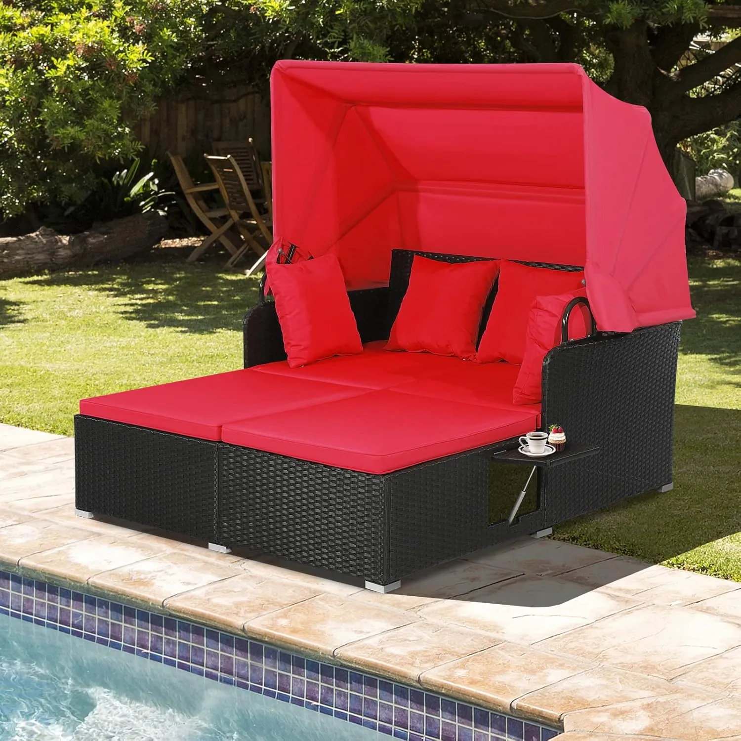 Salches Outdoor Daybed, Patio Daybed with Retractable Canopy, High-Resilient Soft Cushions, Foldable Side Trays, Outdoor Bed Loveseat for Garden, Backyard, Porch(Red)