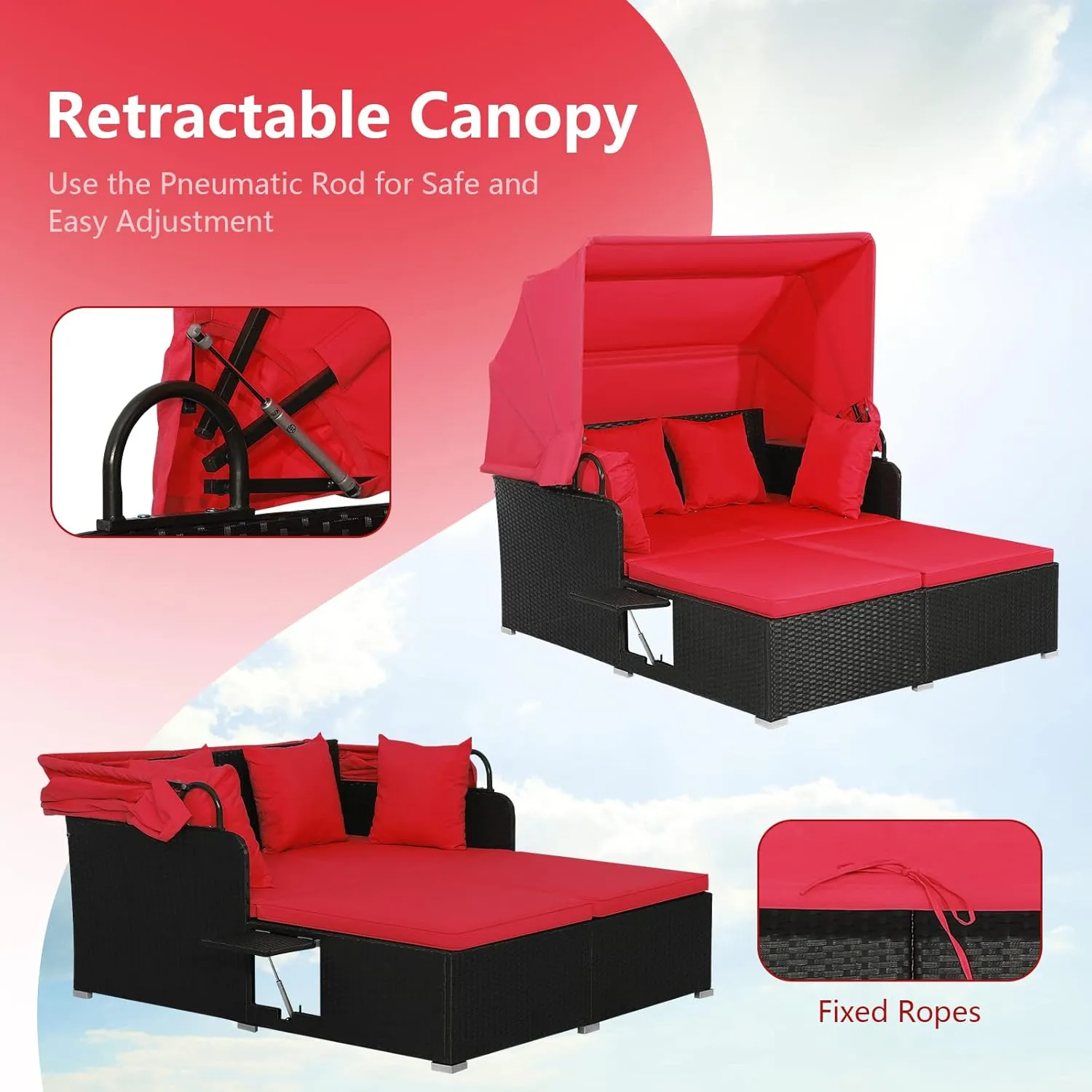 Salches Outdoor Daybed, Patio Daybed with Retractable Canopy, High-Resilient Soft Cushions, Foldable Side Trays, Outdoor Bed Loveseat for Garden, Backyard, Porch(Red)