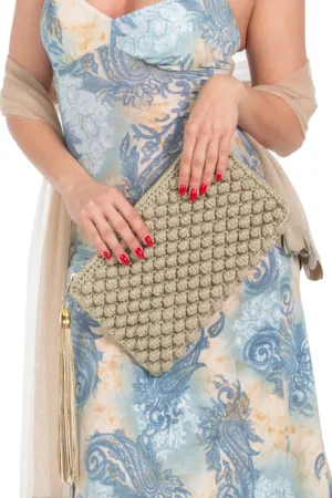 Sand Beige Handmade Bobble Crochet Clutch With Fringe Detail