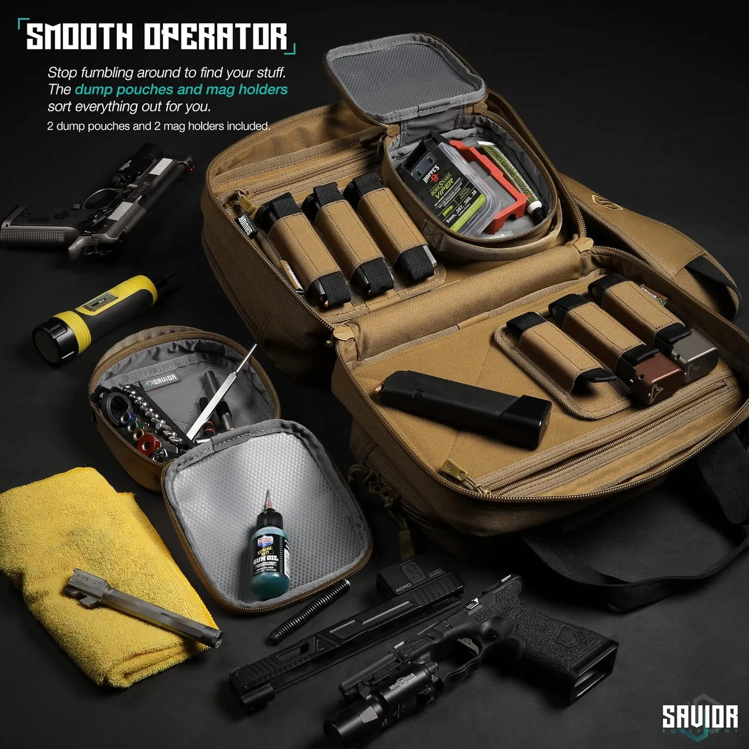 Savior Equipment Specialist Series Mini Range Bag Tactical Dual Pistol Handgun Revolver Hunting Bag Gun Carrying Case, X-Large Compartments w/Lockable Zippers, Deluxe Padded Shoulder Strap Included