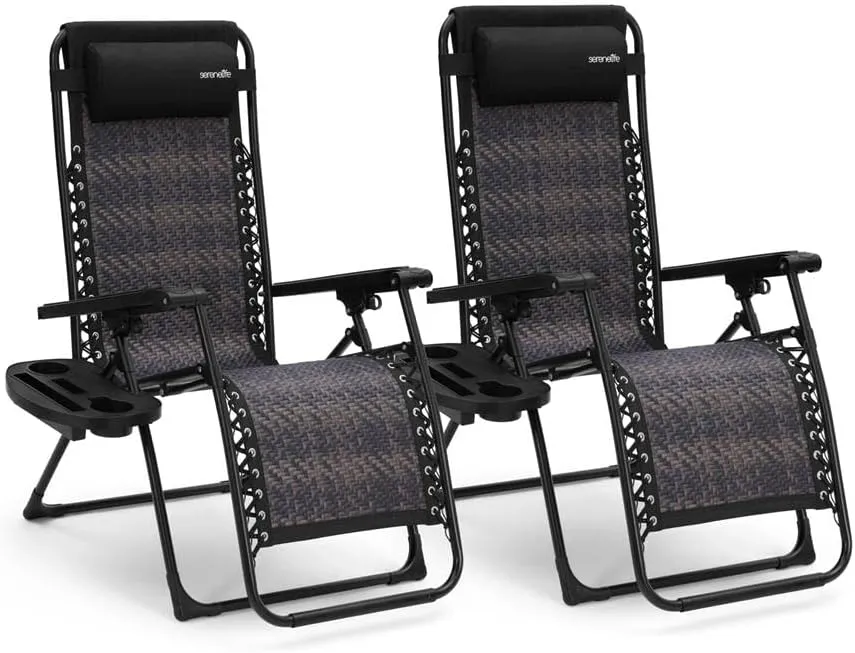 SereneLife Rattan Zero Gravity Chairs Set of 2 - Adjustable Outdoor Lounge Chairs with Side Tray, Cup Holders, Removable Pillows, Folding Portable Camping Chairs for Patio, Backyard, Poolside, Beach