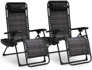 SereneLife Rattan Zero Gravity Chairs Set of 2 - Adjustable Outdoor Lounge Chairs with Side Tray, Cup Holders, Removable Pillows, Folding Portable Camping Chairs for Patio, Backyard, Poolside, Beach