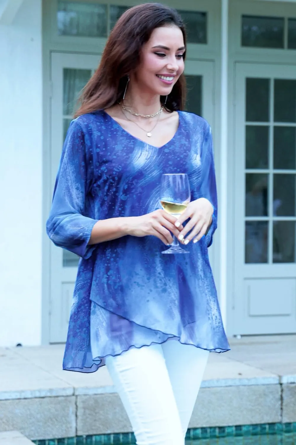 SeSe Code Womens Dressy 3/4 Sleeve Tunic Tops Asymmetric Hem Blouses Lightweight Mesh Shirt