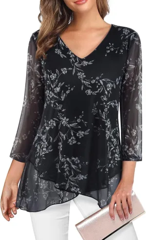 SeSe Code Womens Dressy 3/4 Sleeve Tunic Tops Asymmetric Hem Blouses Lightweight Mesh Shirt