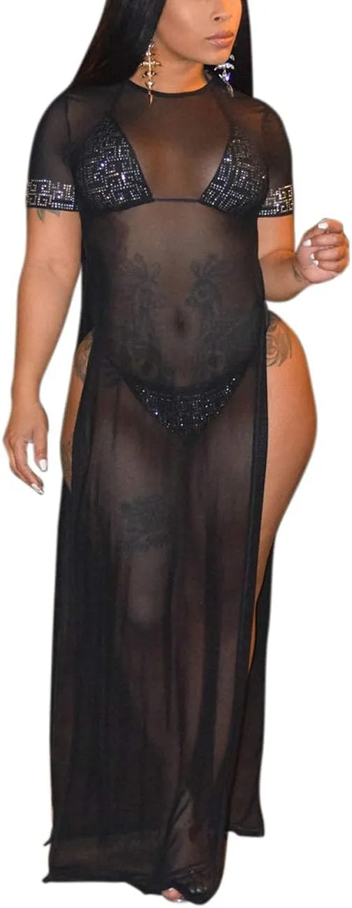 Sexy Cover Ups for Swimwear Women Casual See Through Crochet Mesh Bathing Suit Dress Summer