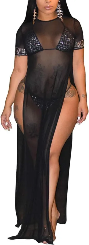 Sexy Cover Ups for Swimwear Women Casual See Through Crochet Mesh Bathing Suit Dress Summer