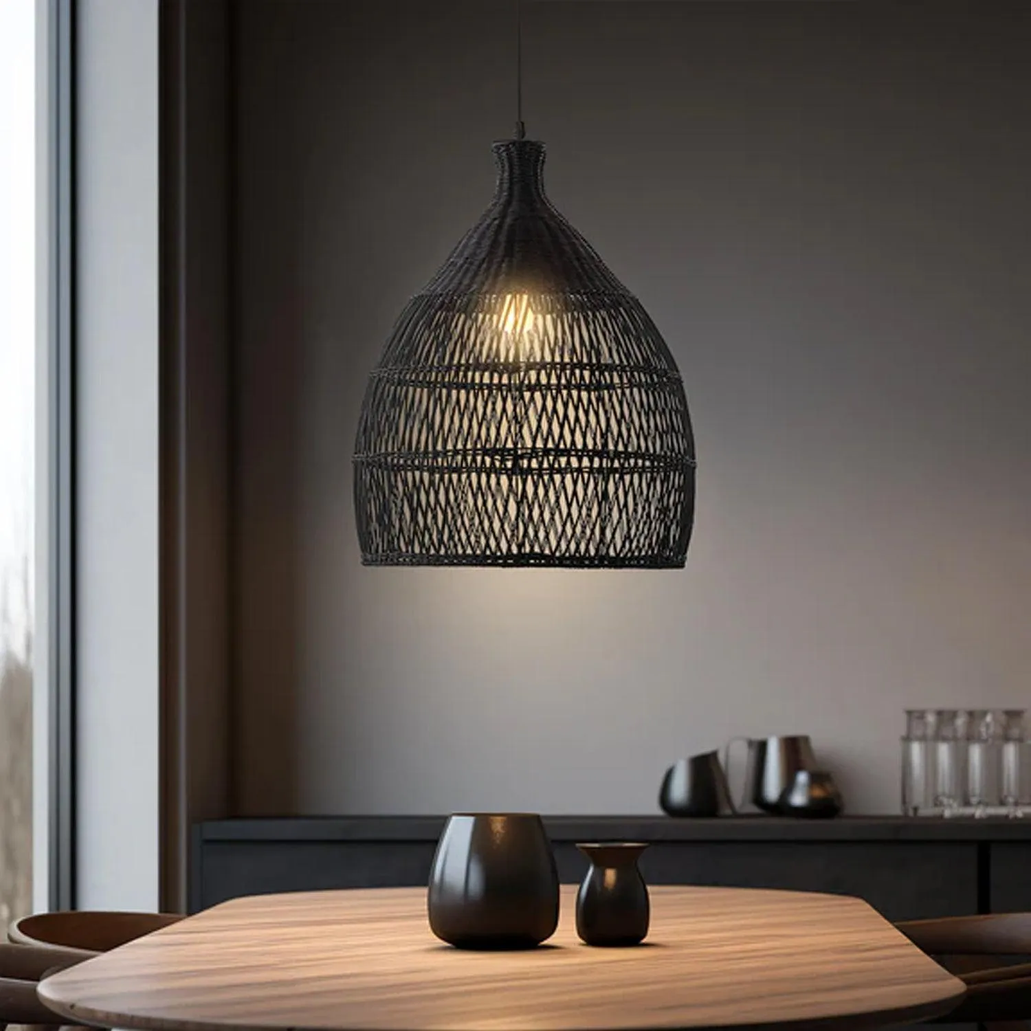 Shanen Rattan Pendant Light 1Lt in Natural or Black Rattan