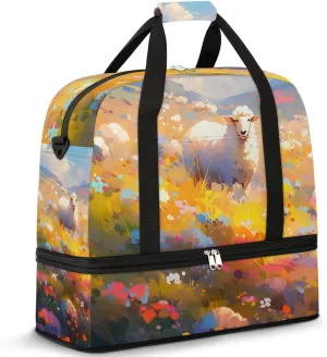 Sheep Colorful Flowers Travel Duffel Bag for Women Men Weekender Overnight Bag with Shoe Compartment Foldable Sports Gym Luggage Bag