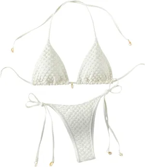 SHENHE Women's 2 Piece Halter Swimsuit Textured Tie Side Triangle Bikini Bathing Suit