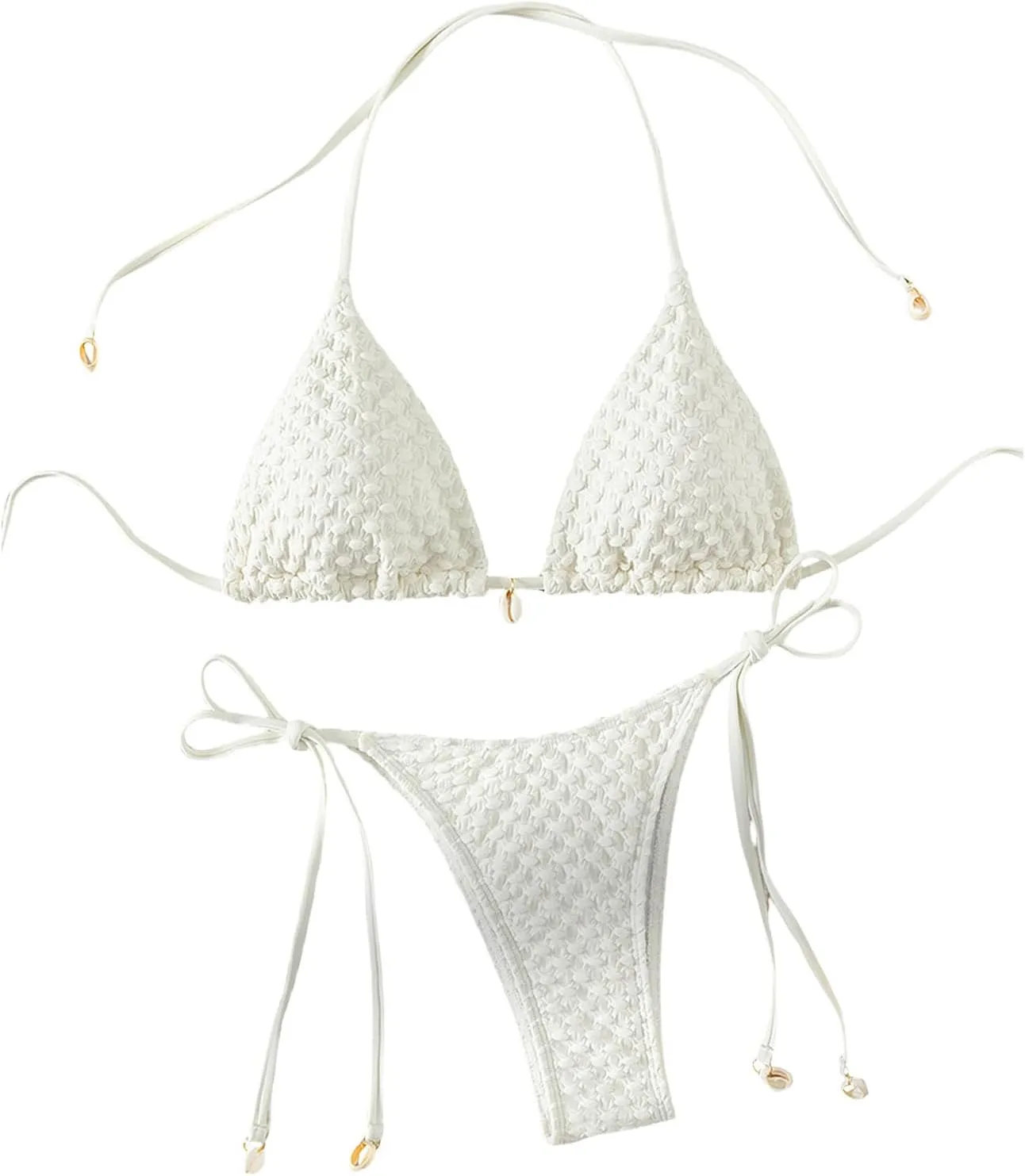 SHENHE Women's 2 Piece Halter Swimsuit Textured Tie Side Triangle Bikini Bathing Suit
