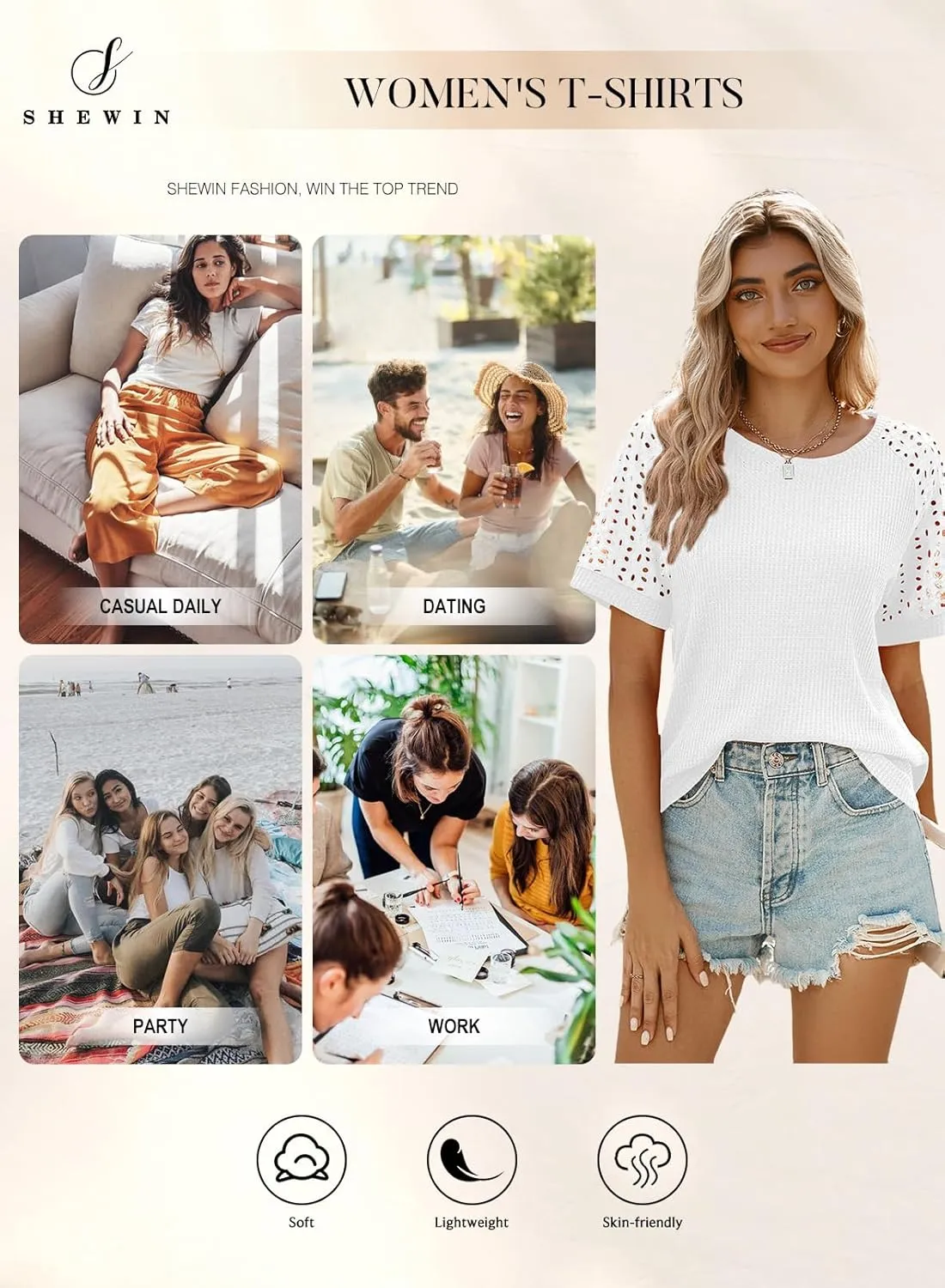 SHEWIN Women's Waffle Knit Tops Casual Crew Neck Hollow Out Raglan Short Sleeve Summer T-Shirts Blouses
