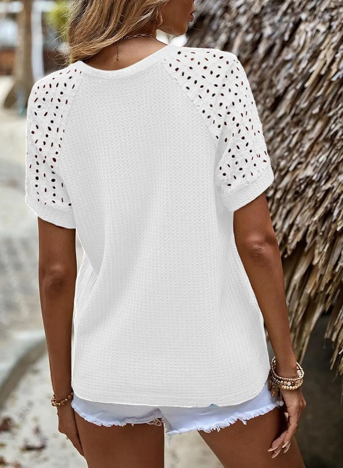 SHEWIN Women's Waffle Knit Tops Casual Crew Neck Hollow Out Raglan Short Sleeve Summer T-Shirts Blouses