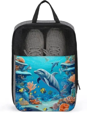 Shoe Bags for Travel Seabed Coral Fish Dolphins Shoe Pouch with Zipper Breathable Golf Shoe Bag for Men Women Outside Shoe Storage Organizer for Sport Business Trip Gym