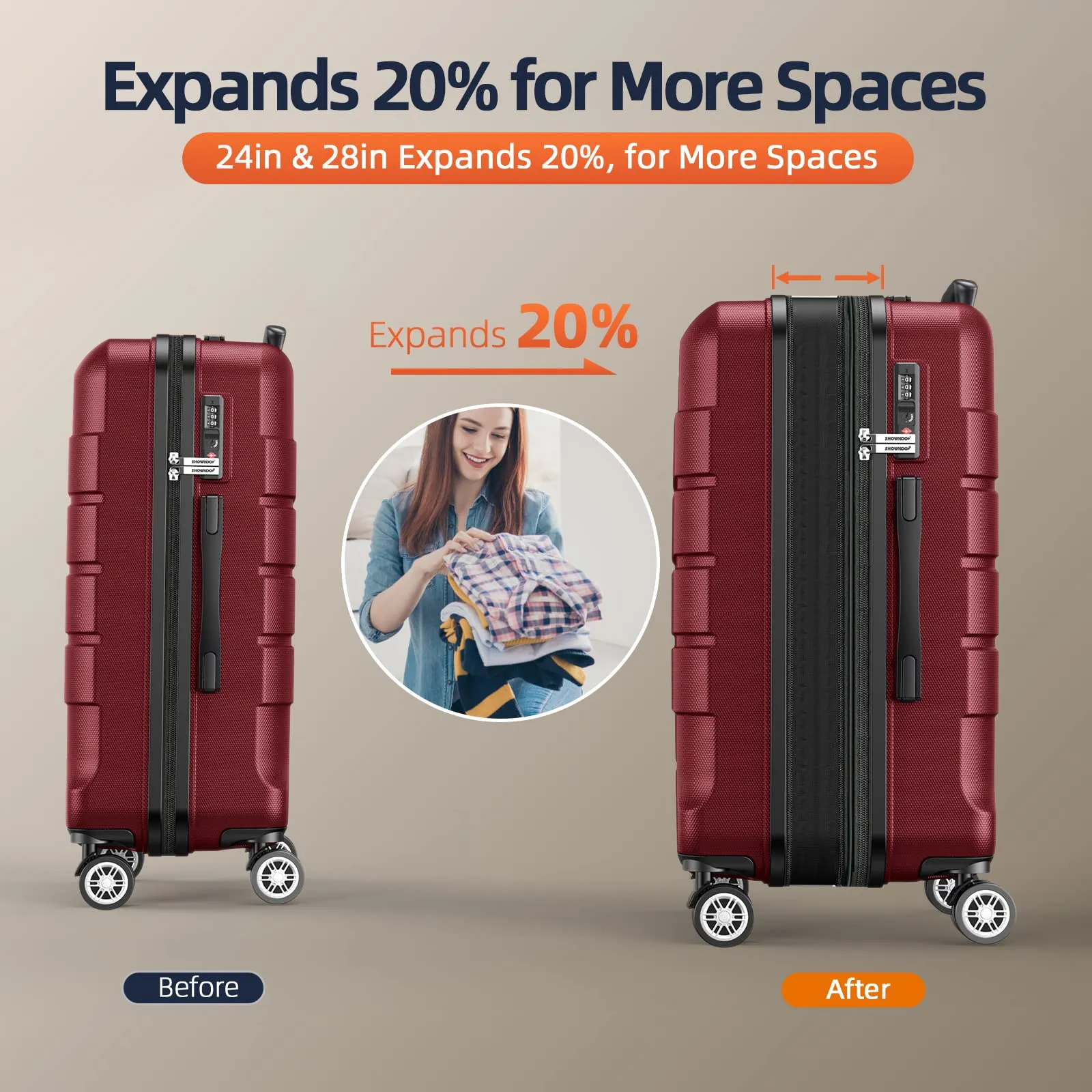 SHOWKOO Luggage Sets Expandable PC ABS Durable Suitcase Double Wheels TSA Lock 5pcs Wine Red