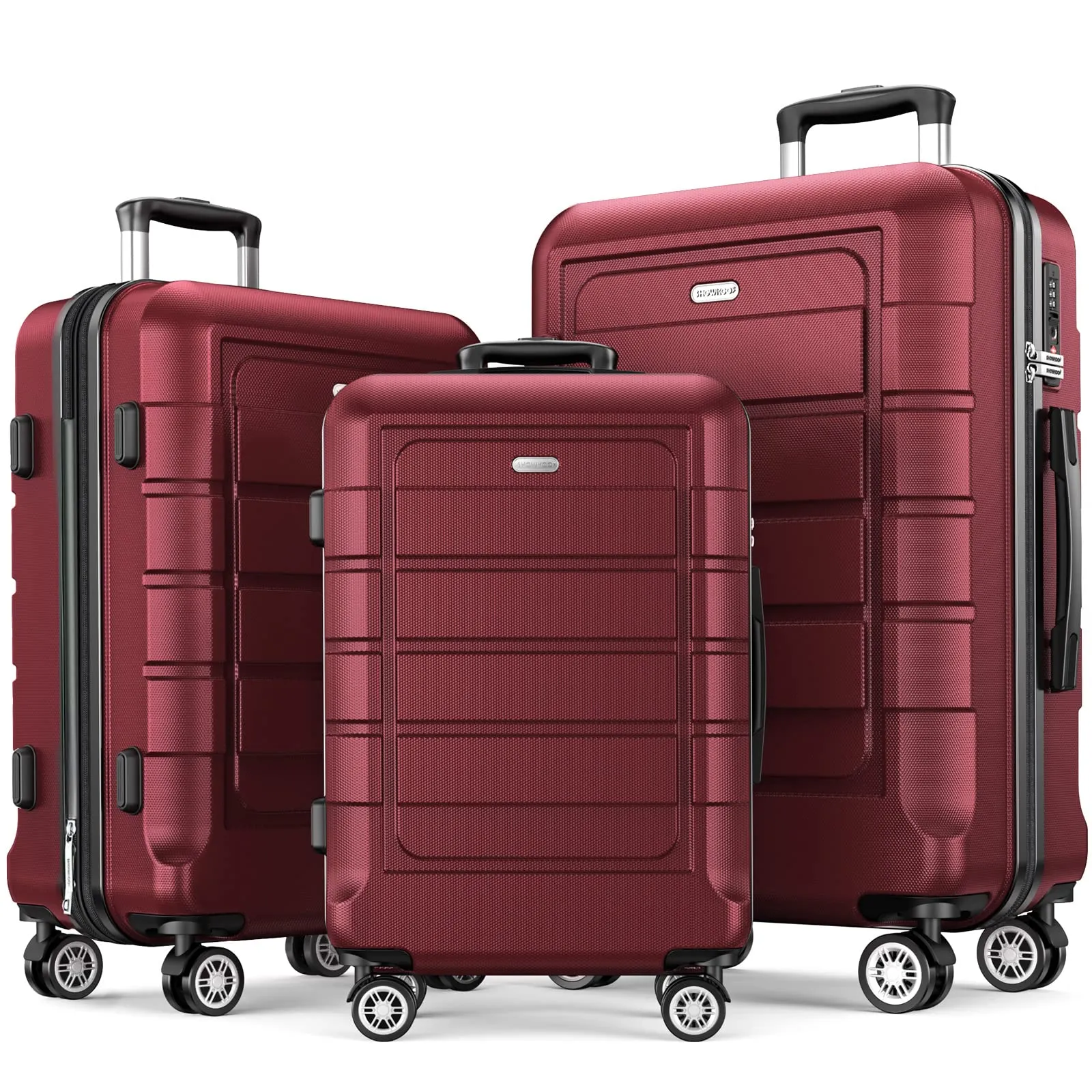 SHOWKOO Luggage Sets Expandable PC ABS Durable Suitcase Double Wheels TSA Lock 5pcs Wine Red