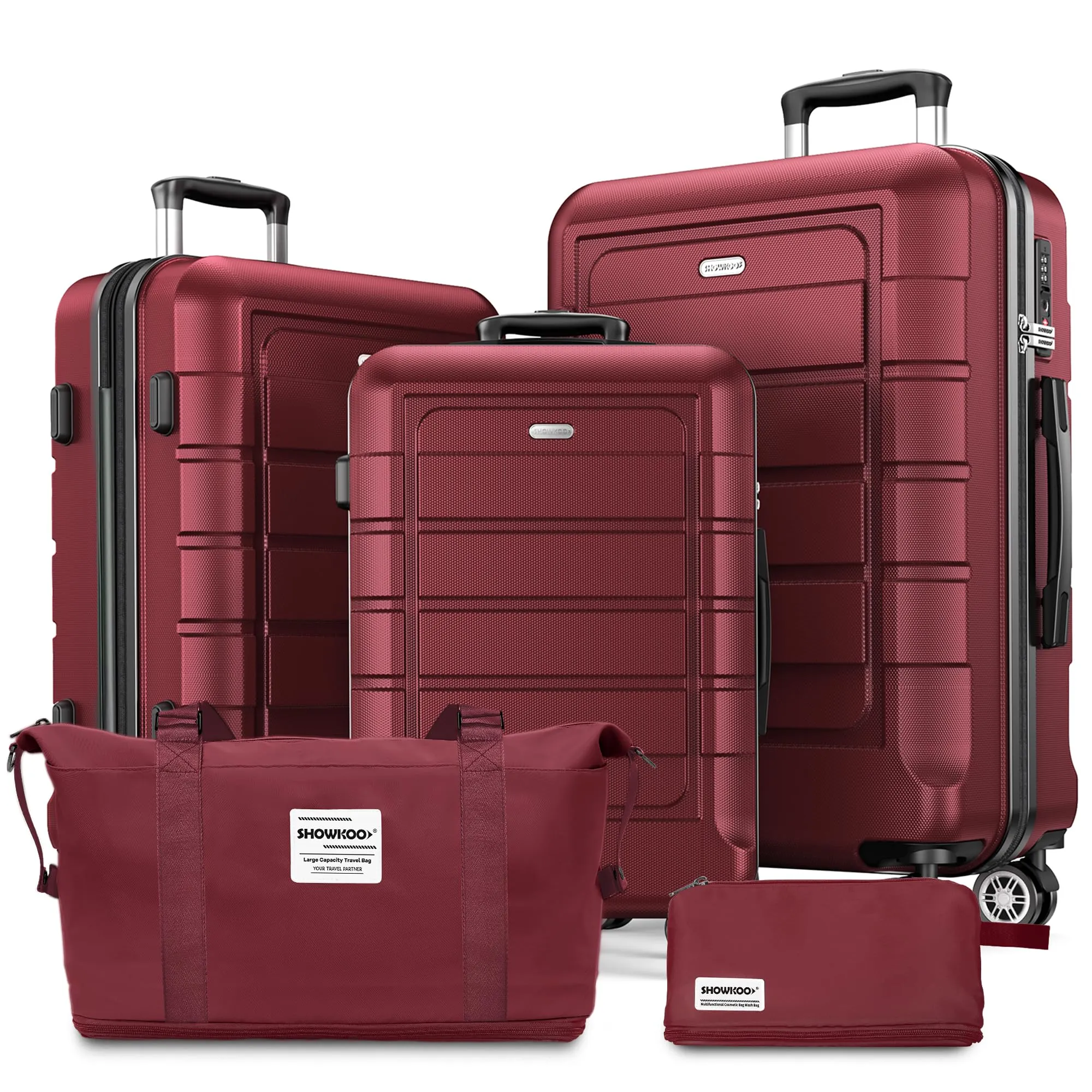 SHOWKOO Luggage Sets Expandable PC ABS Durable Suitcase Double Wheels TSA Lock 5pcs Wine Red