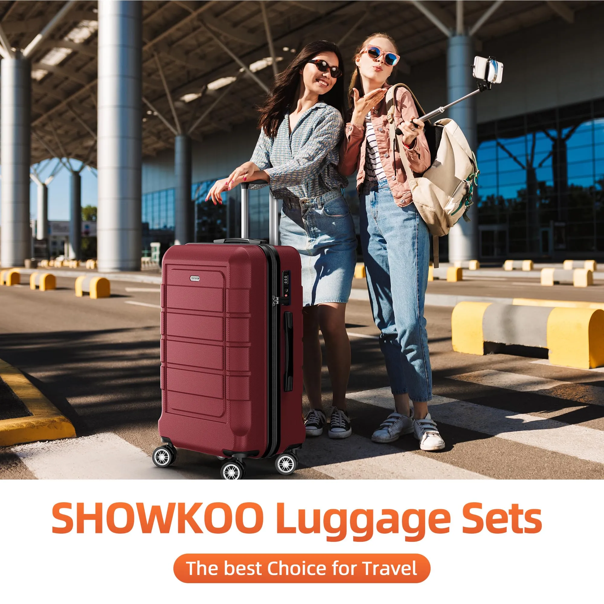 SHOWKOO Luggage Sets Expandable PC ABS Durable Suitcase Double Wheels TSA Lock 5pcs Wine Red