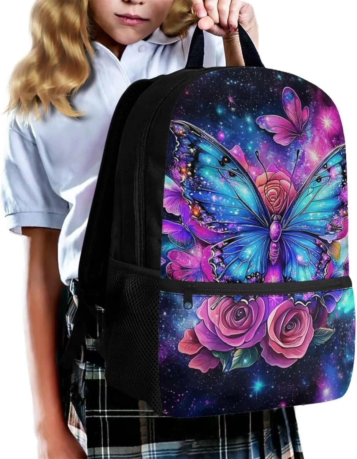 Showudesigns Flower Butterfly School Backpacks for Girls Middle School Bags 17inch Book Bag High College Student Backpacks with Side Pocket Teens Daypack Light Weight Laptop Bags