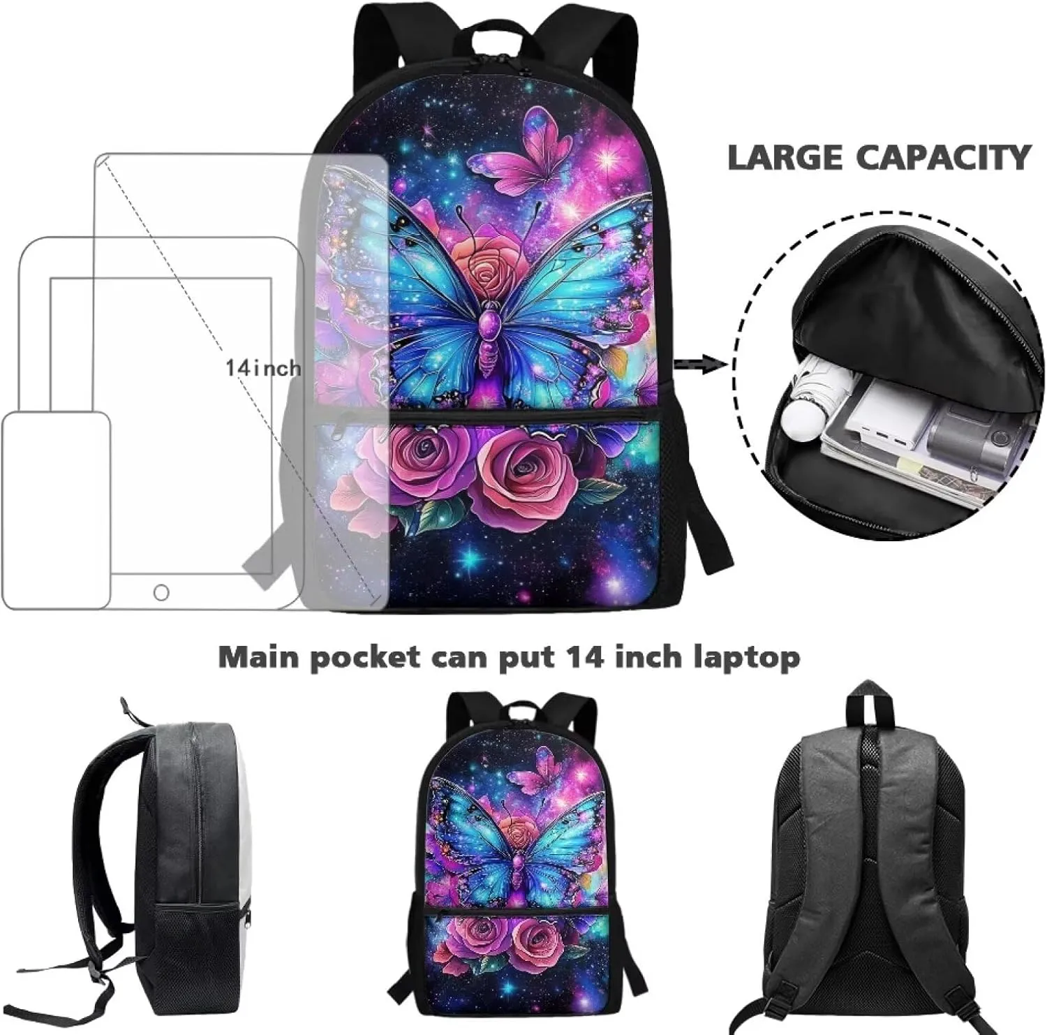 Showudesigns Flower Butterfly School Backpacks for Girls Middle School Bags 17inch Book Bag High College Student Backpacks with Side Pocket Teens Daypack Light Weight Laptop Bags
