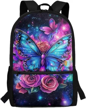 Showudesigns Flower Butterfly School Backpacks for Girls Middle School Bags 17inch Book Bag High College Student Backpacks with Side Pocket Teens Daypack Light Weight Laptop Bags