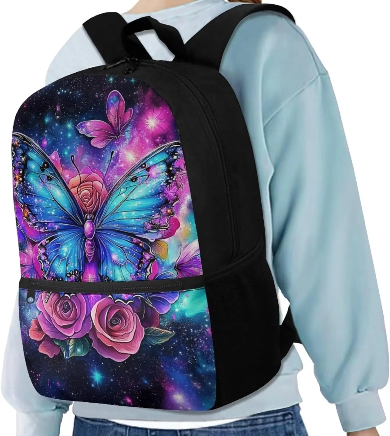 Showudesigns Flower Butterfly School Backpacks for Girls Middle School Bags 17inch Book Bag High College Student Backpacks with Side Pocket Teens Daypack Light Weight Laptop Bags