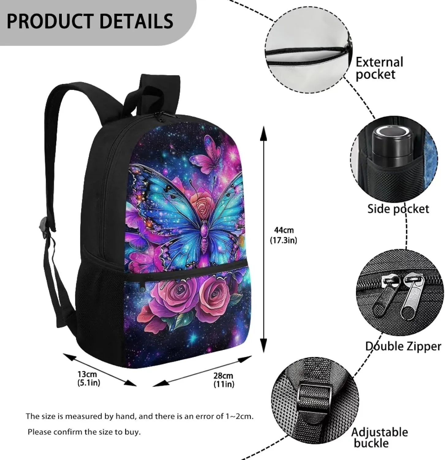 Showudesigns Flower Butterfly School Backpacks for Girls Middle School Bags 17inch Book Bag High College Student Backpacks with Side Pocket Teens Daypack Light Weight Laptop Bags