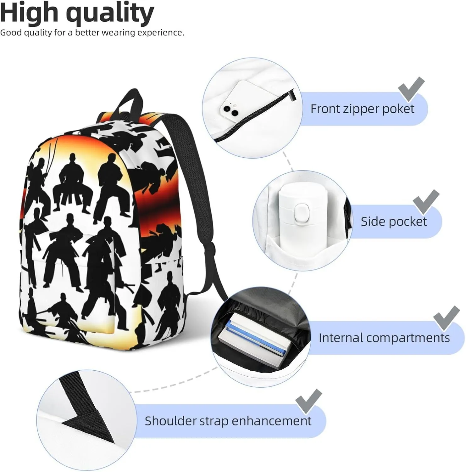 Silhouettes of Martial print Hiking Backpack Casual Daypack Outdoor Travel Backpacks Bookbag for Men Women Adult