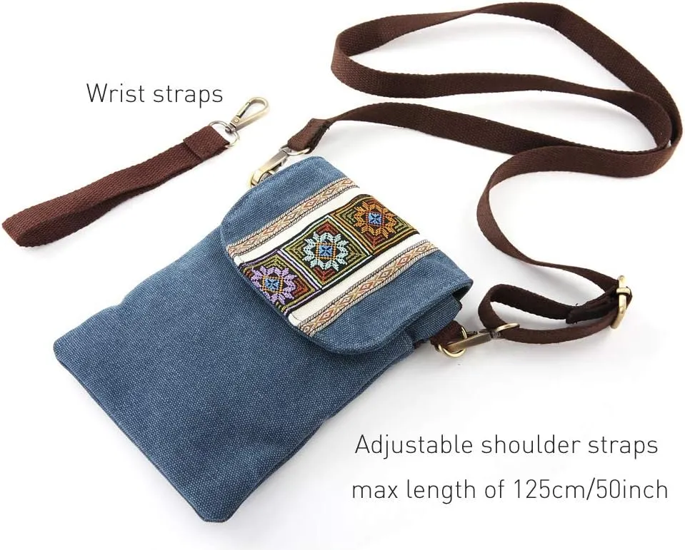 SILKAREA Vintage Embroidered Canvas Flip Small Crossbody Bag Cell Phone Pouch for Women Wristlet Wallet Bag Coin Purse