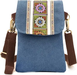 SILKAREA Vintage Embroidered Canvas Flip Small Crossbody Bag Cell Phone Pouch for Women Wristlet Wallet Bag Coin Purse