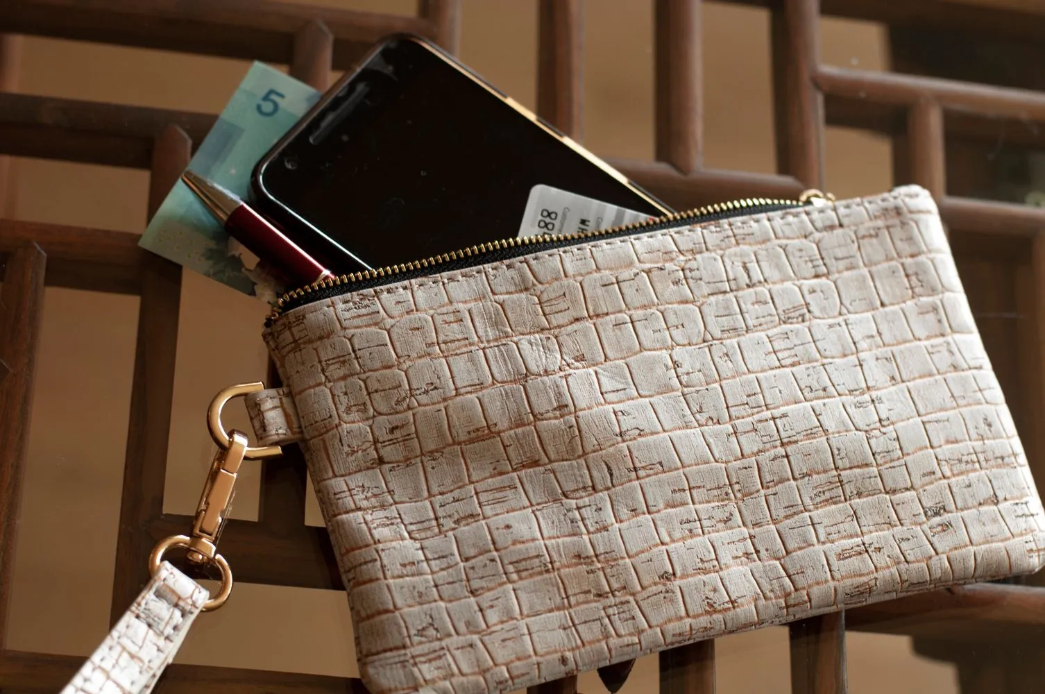 Silver Caiman Cork Wristlet
