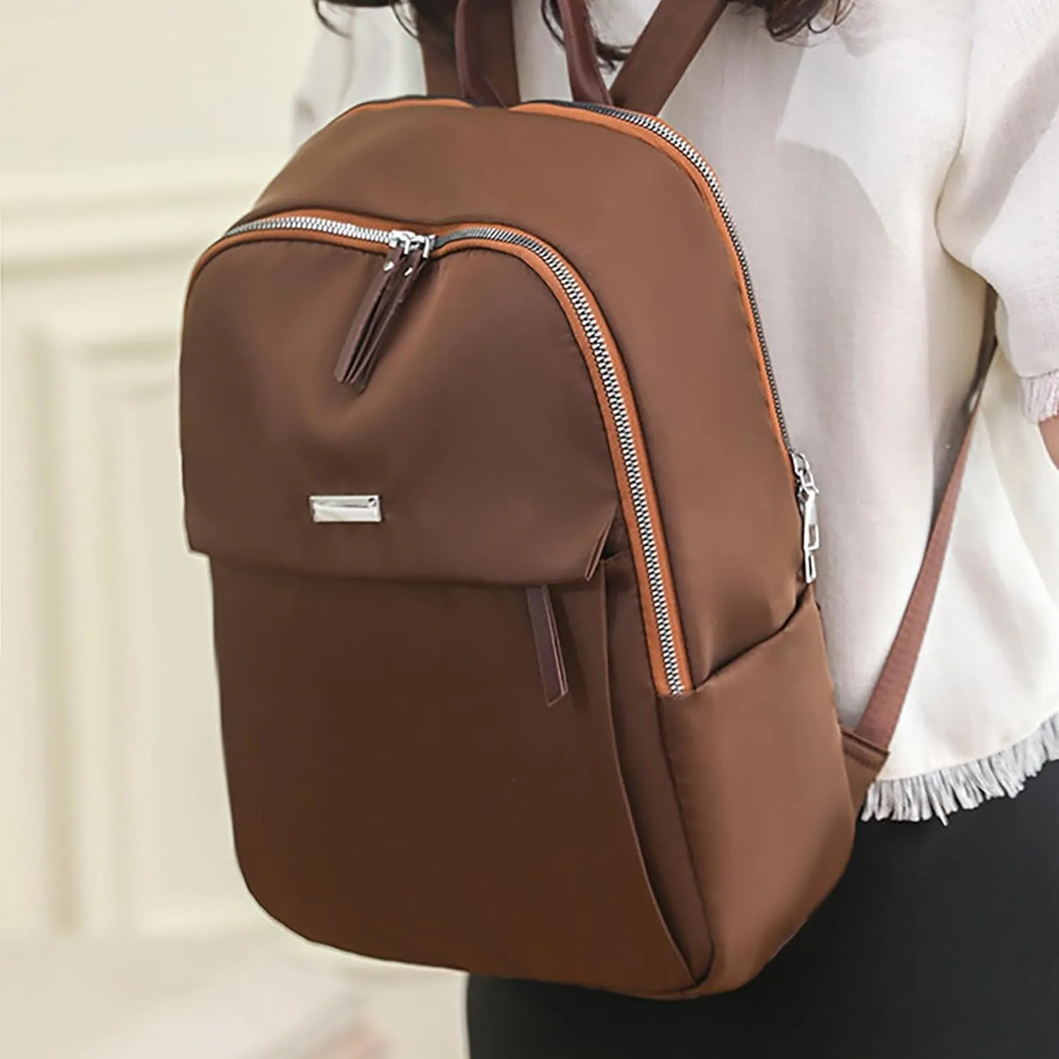 Simple Solid Color Nylon Women Shoulders Bag Breathable Wear Resisting Pickproof Shockproof Backpack (Brown, One Size)