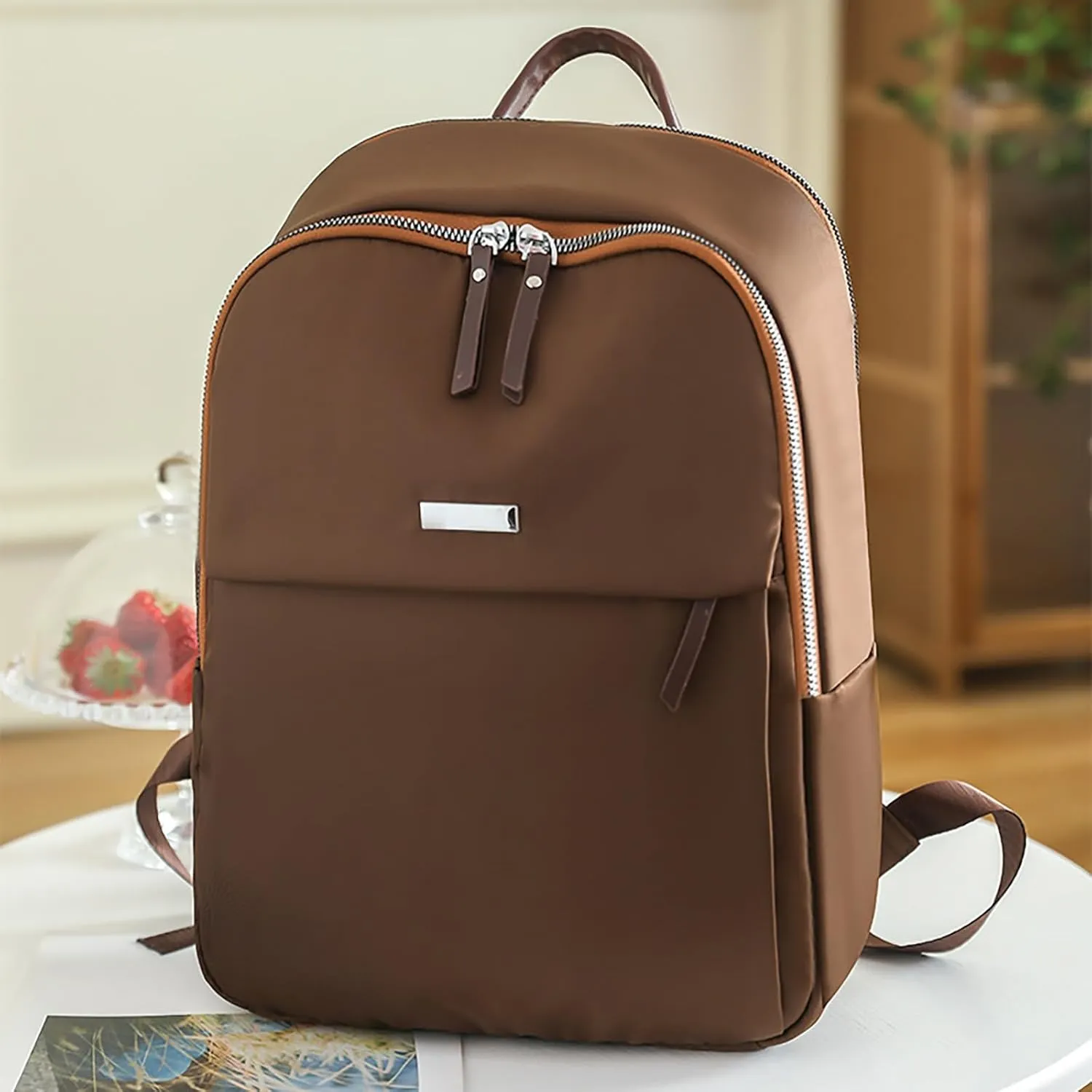 Simple Solid Color Nylon Women Shoulders Bag Breathable Wear Resisting Pickproof Shockproof Backpack (Brown, One Size)
