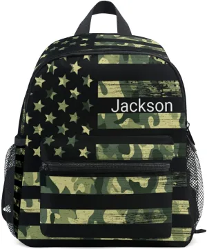 Sinestour Custom American Flag Camouflage Kid's Backpack - Personalized with Name/Text - Preschool & Toddler Backpack for Boys & Girls with Chest Strap
