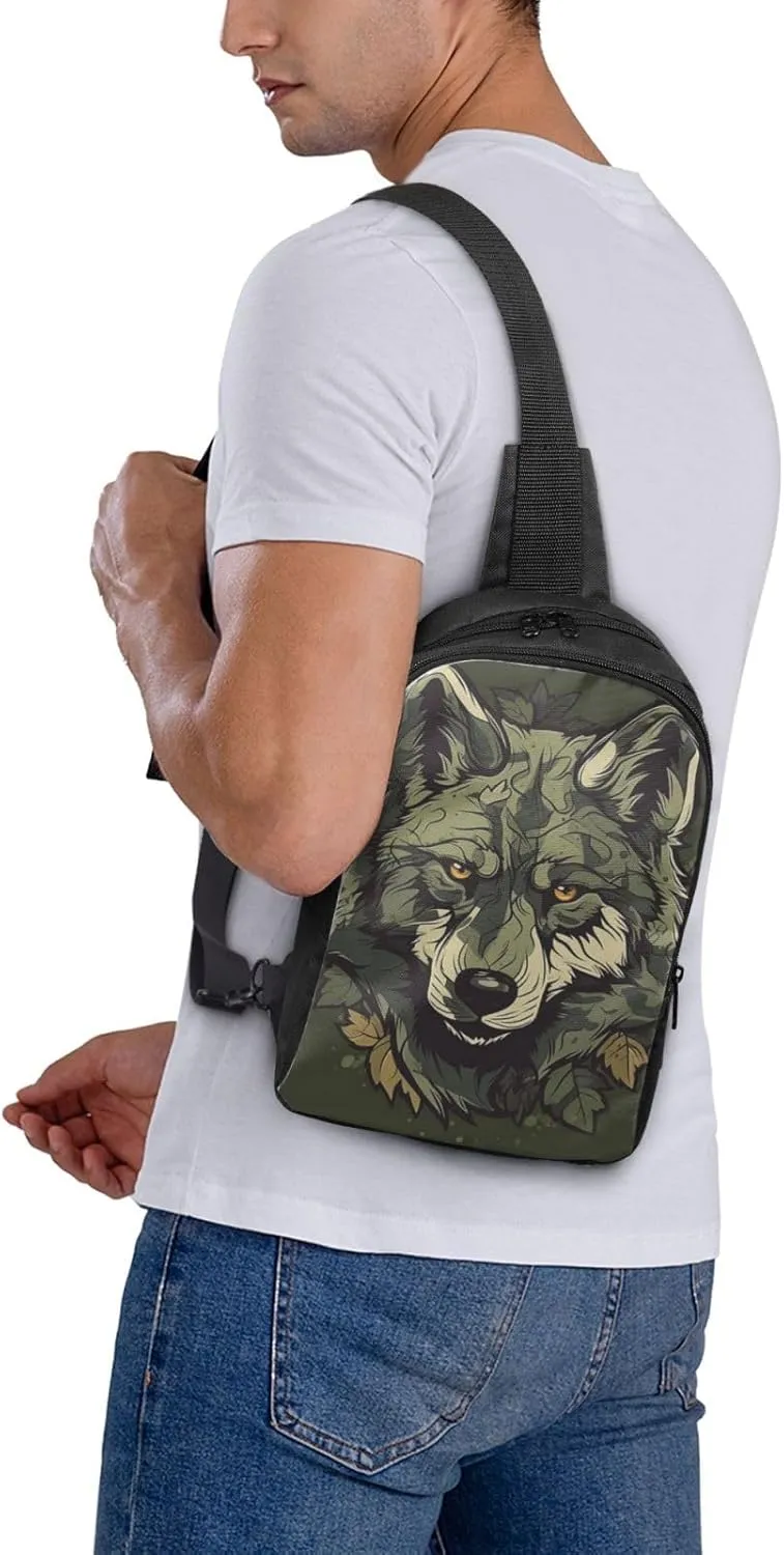 Sling Backpack Crossbody Sling Bag for Men Women Cross Chest Bag Camouflage Wolf Image Shoulder Bag Travel Hiking Daypack