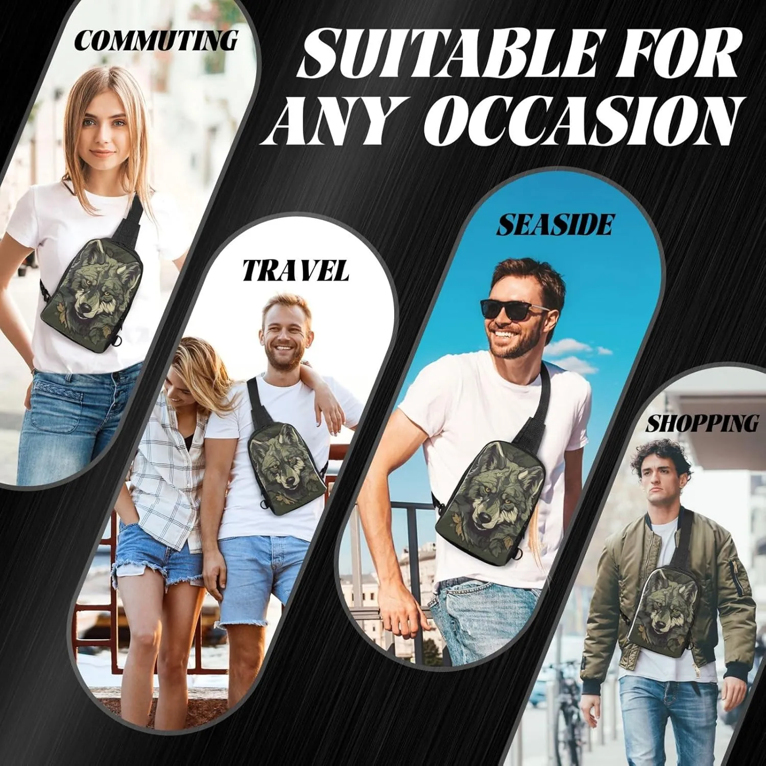 Sling Backpack Crossbody Sling Bag for Men Women Cross Chest Bag Camouflage Wolf Image Shoulder Bag Travel Hiking Daypack