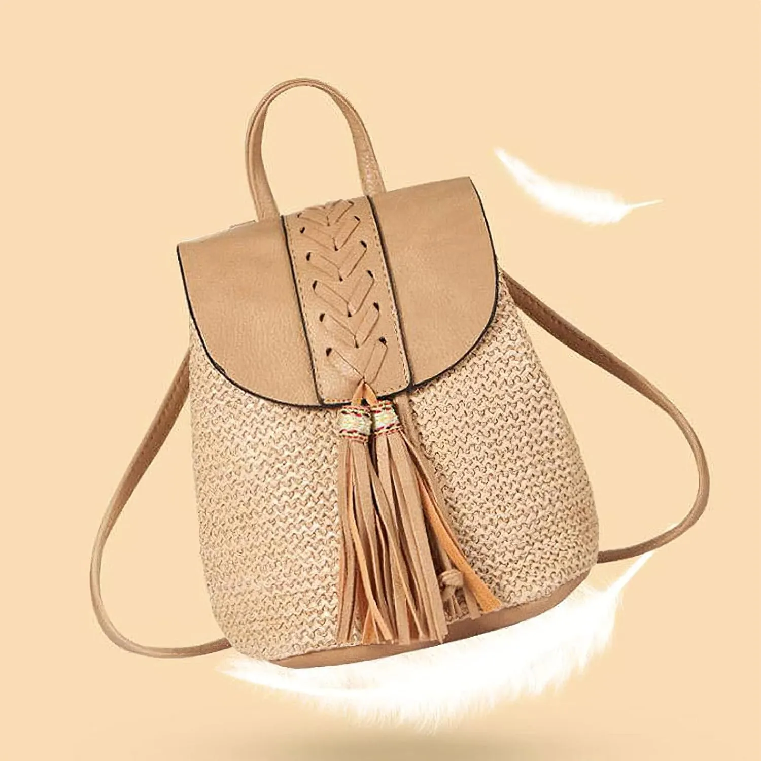 Small Straw Backpack for Women Summer Handmade Woven Beach Bag Bookbag Daypack Wicker Purse Bohomian Drawstring Shoulder Bag-B Fringed-Khaki