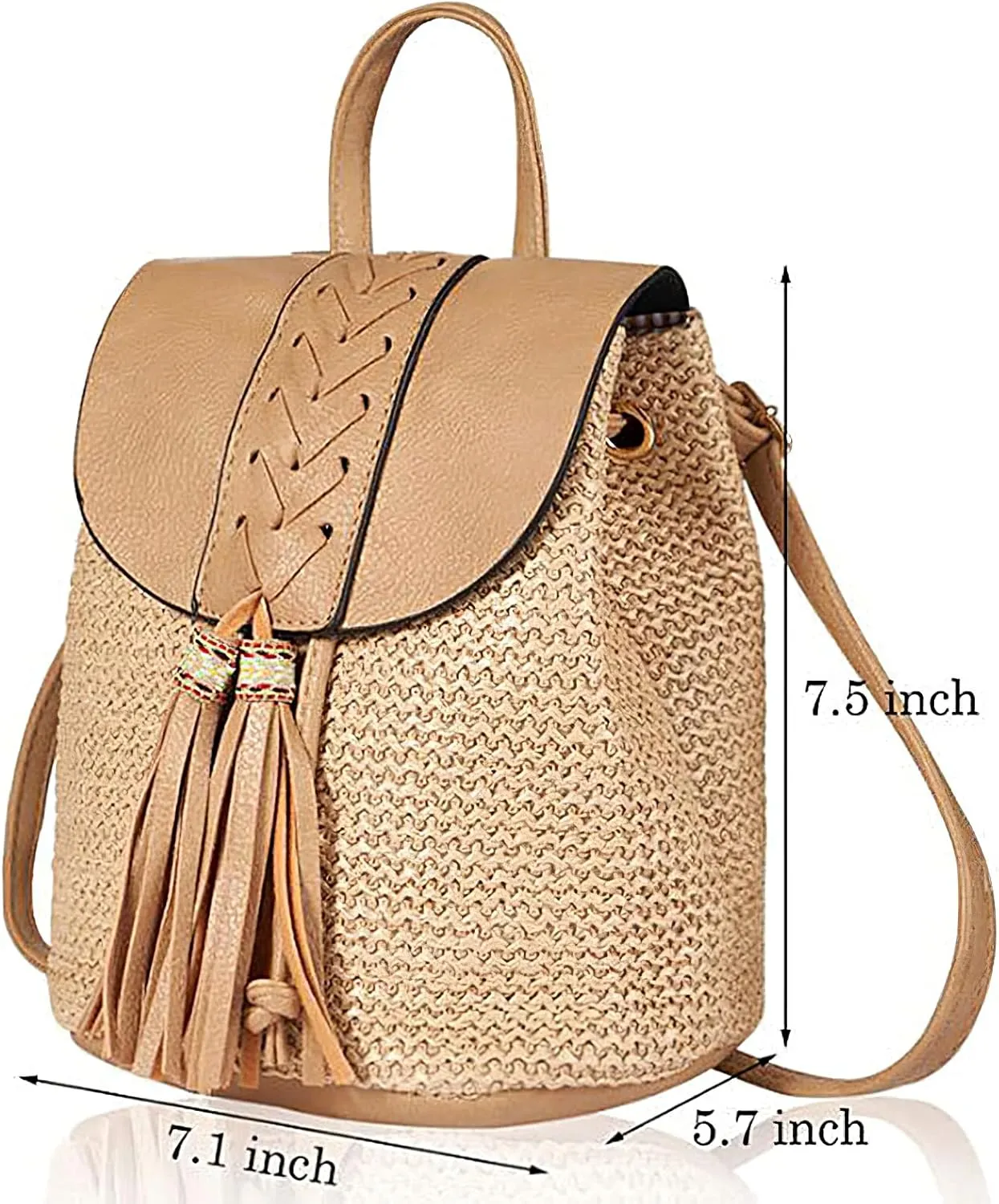 Small Straw Backpack for Women Summer Handmade Woven Beach Bag Bookbag Daypack Wicker Purse Bohomian Drawstring Shoulder Bag-B Fringed-Khaki