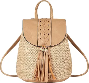 Small Straw Backpack for Women Summer Handmade Woven Beach Bag Bookbag Daypack Wicker Purse Bohomian Drawstring Shoulder Bag-B Fringed-Khaki
