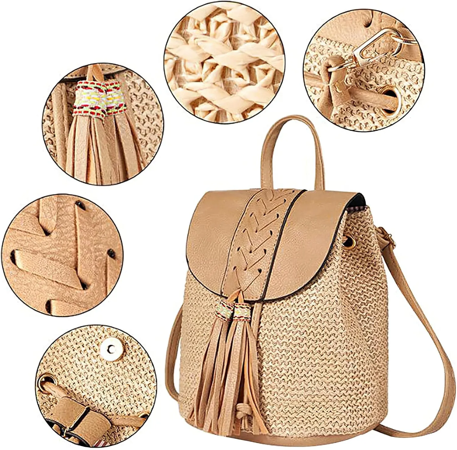 Small Straw Backpack for Women Summer Handmade Woven Beach Bag Bookbag Daypack Wicker Purse Bohomian Drawstring Shoulder Bag-B Fringed-Khaki