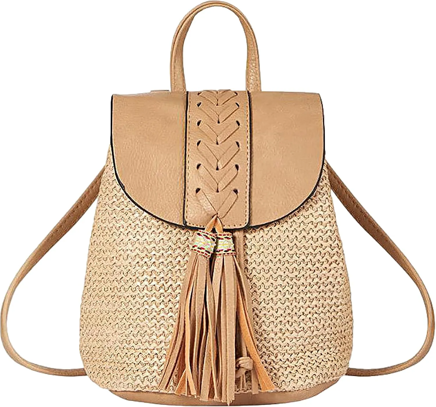 Small Straw Backpack for Women Summer Handmade Woven Beach Bag Bookbag Daypack Wicker Purse Bohomian Drawstring Shoulder Bag-B Fringed-Khaki