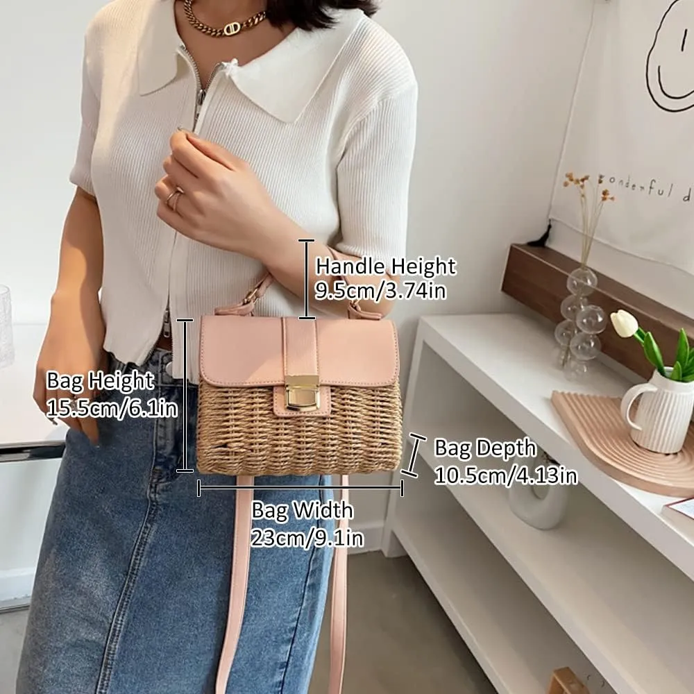 Small Straw Crossbody Bags for Women, Rattan Woven Top Handle Handbag Summer Beach Envelope Purse Shoulder Bag