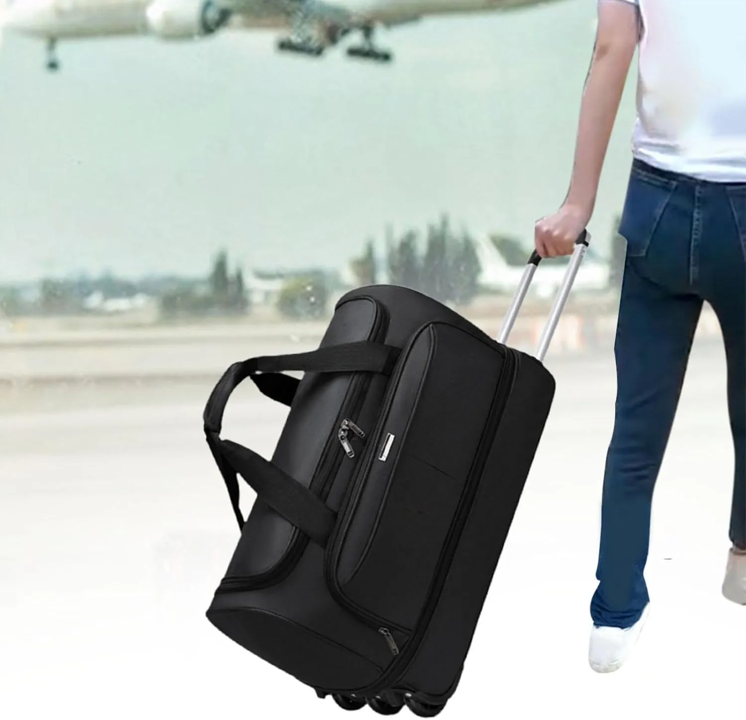 Soft Wheeled Wheeled Bag with Portable Maneuvering Handbag Versatile Baggage Bag in The Open Air for Travel in The Middle of, black, M