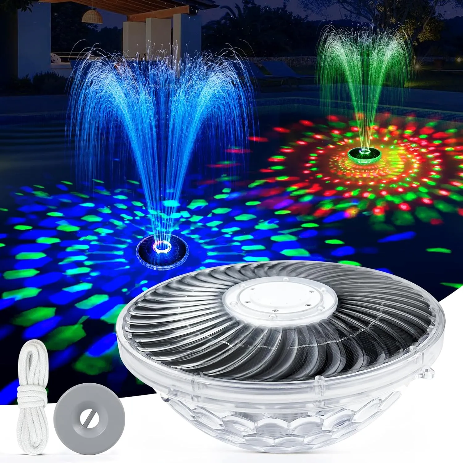 Solar Fountain with Light Show, Floating Solar Pool Fountains for Above Ground Pools,2025 Upgraded Floating Pool Fountains with Anchor&Rope, Solar Powered Pool Water Fountain Pump for Pool,Outdoor-1PC