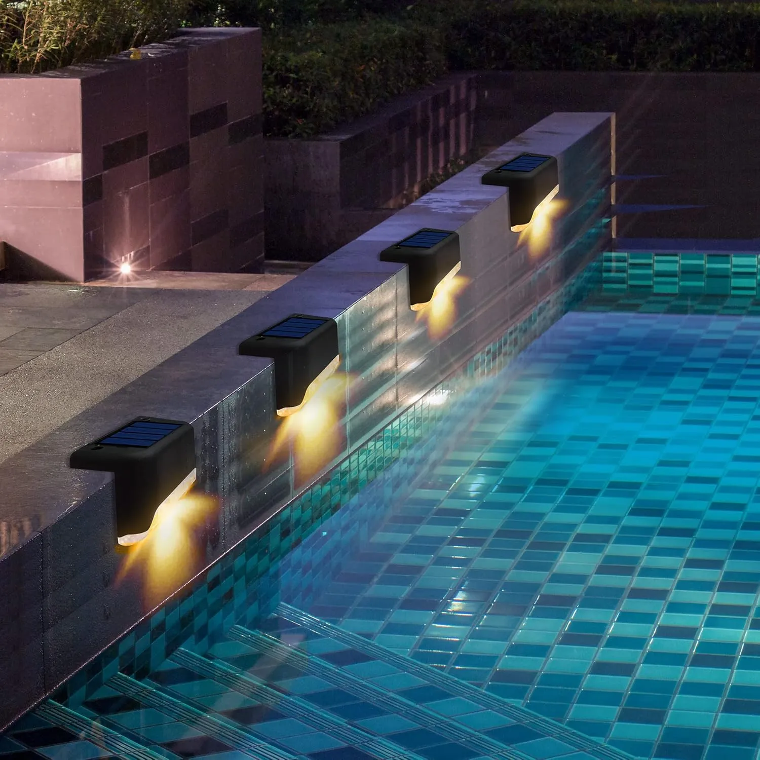 Solar Pool Side Lights, Light up Swimming Pool Accessories Night Lights, Outdoor LED Deck Lights for Stairs, Step, Fence, Yard, Patio, and Pathway Decor, Pack of 4, Warm White