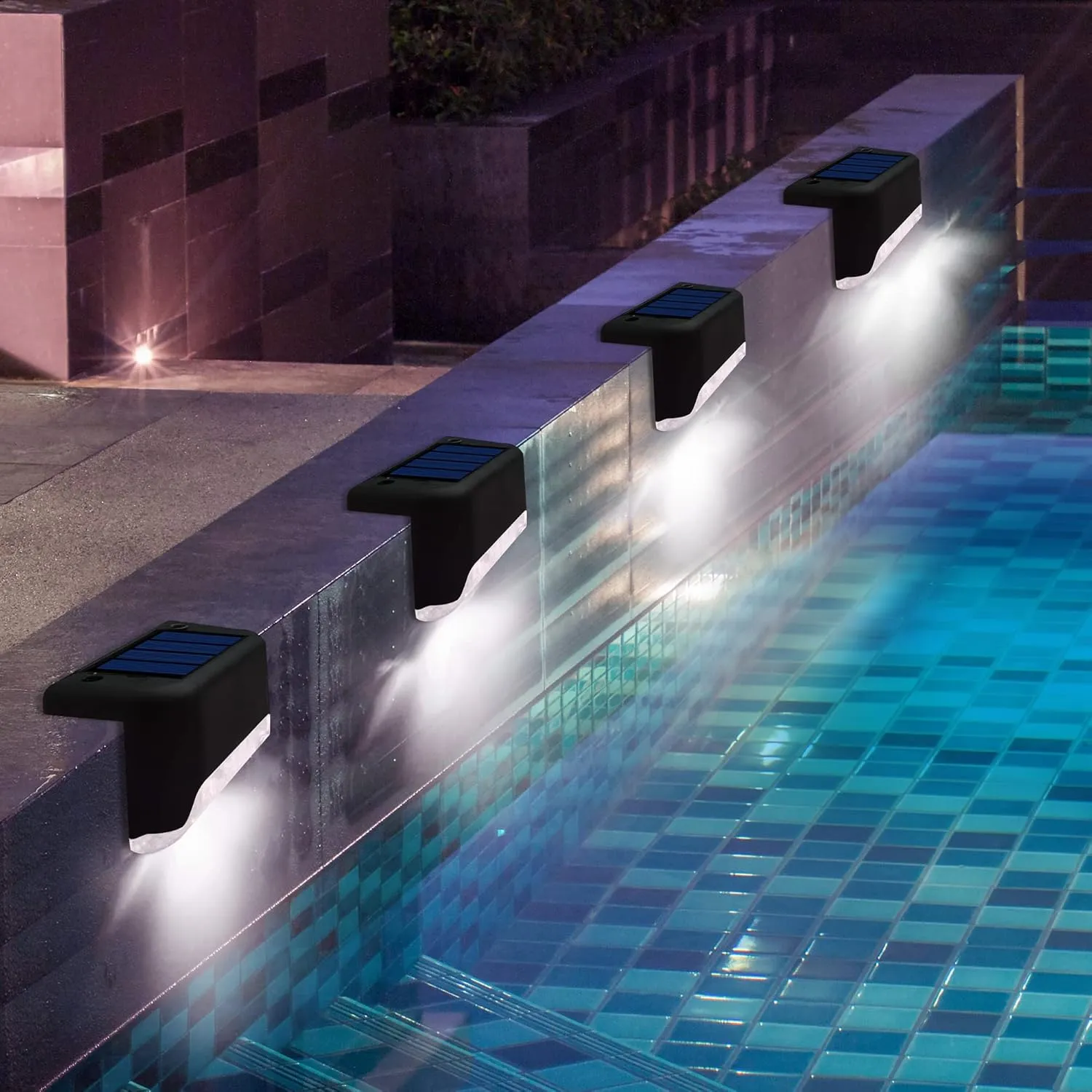 Solar Pool Side Lights, Light up Swimming Pool Accessories Night Lights, Outdoor LED Deck Lights for Stairs, Step, Fence, Yard, Patio, and Pathway Decor, Pack of 4, White